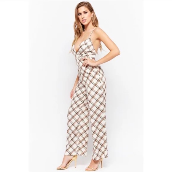 Plaid Jumpsuit with Gorgeous White and Brown - Picture 1 of 11